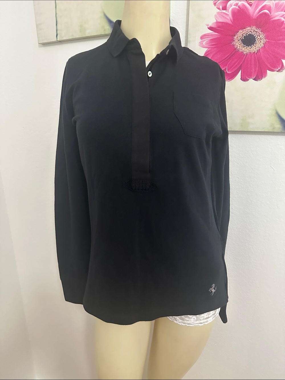 Ferrari Black Long Sleeve Polo with Subtle Logo